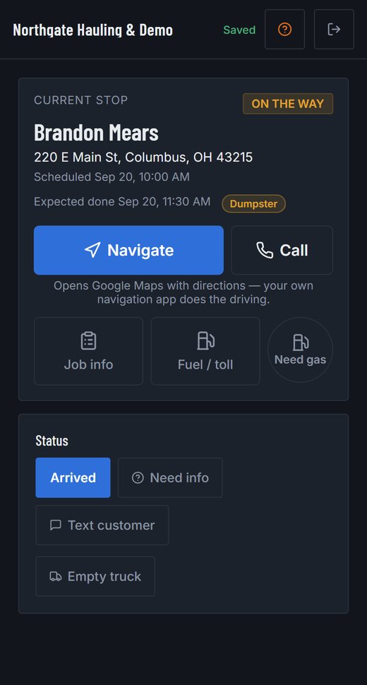 The driver’s screen: the current stop with its address, large Navigate and Call buttons, the job notes and the status buttons.